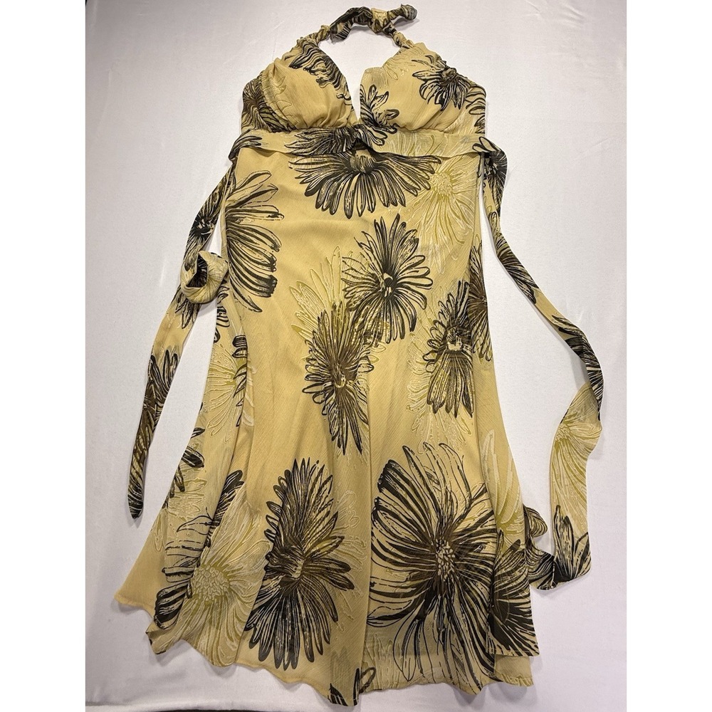 A.P.N.Y. Beige/Black Floral Halter Strappy Chiffon Fit & Flare Dress Size XS